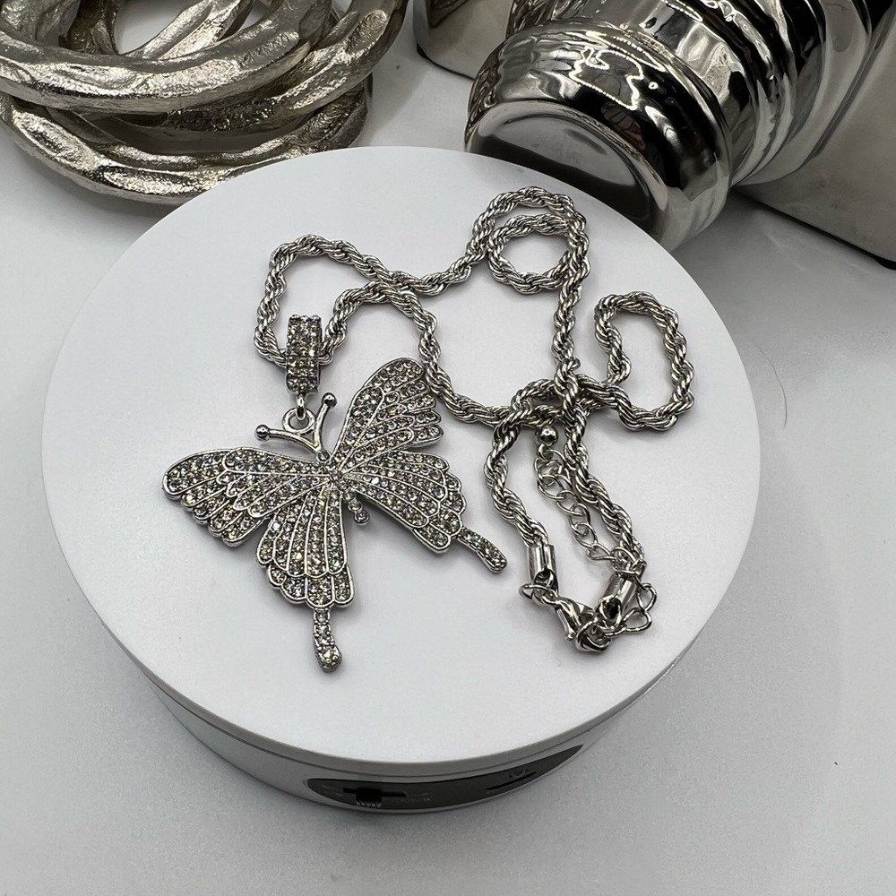 Crystal Encrusted Butterfly Pendant on Rope Chain NEW